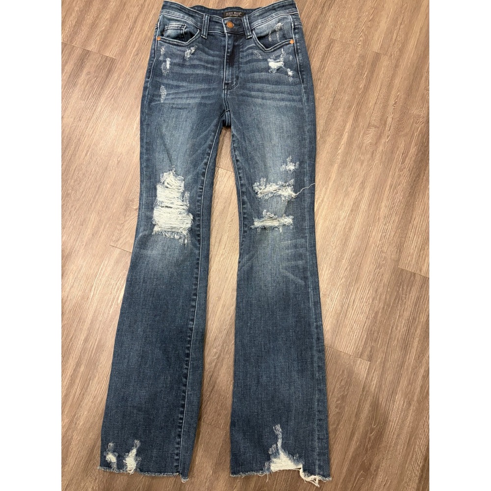 Judy Blue Slim Bootcut Jeans Womens 1/25 Blue Distressed High Rise Raw Hem Denim
